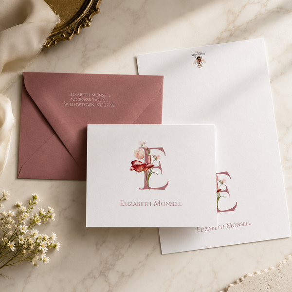 Crimson Blossom Personalized Monogram Note Cards