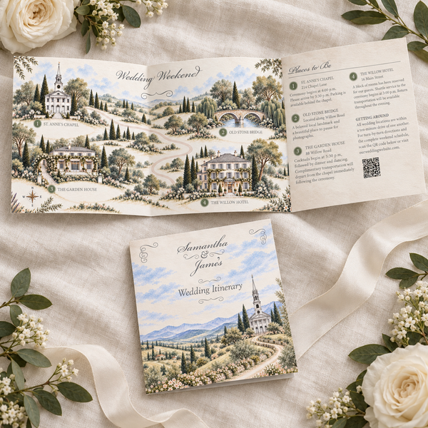 Wedding Weekend Itinerary & Map with Custom Illustration