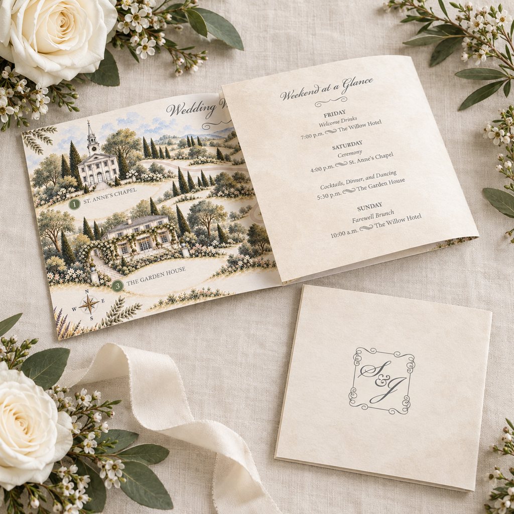 Wedding Weekend Itinerary & Map with Custom Illustration